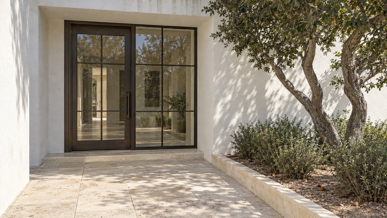 White stucco home entrance with dark bronze glazed door, pale limestone terrace and a sculptural sand live oak in a raised planting bed.