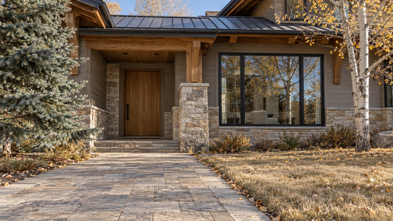 Low exterior view of a stone-and-timber home with a recessed entrance, dark-framed window and golden leaves beside a deep stone approach.