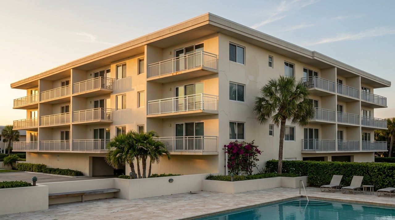 Four-story coastal condominium with stacked balconies overlooking a rippling pool, palm trees, and landscaped deck.