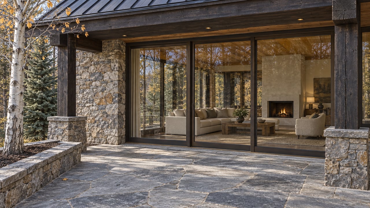 Stone and dark-timber home with closed bronze-framed glazing and a quartzite terrace beside a nearly bare aspen.