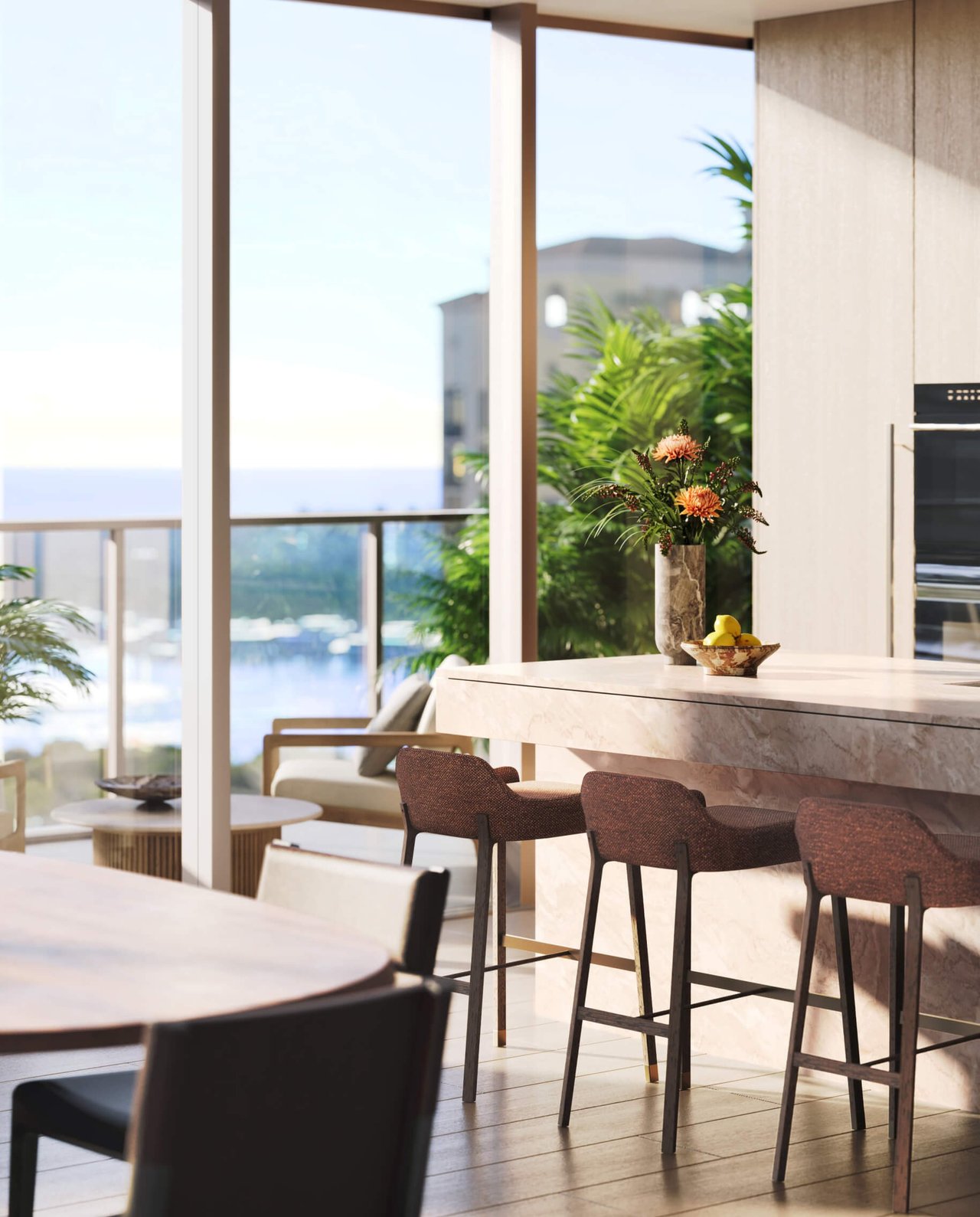 Kitchen and Dining Area rendering at Banyan Tree Residences in West Palm Beach.