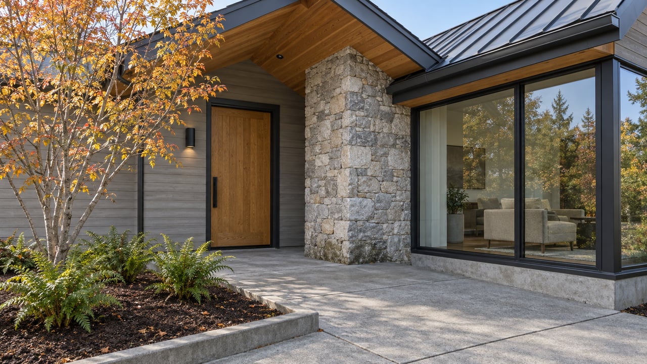 Morning light across a cedar-soffit entry, natural stone pier and black-framed windows, with autumn serviceberry beside a concrete approach.