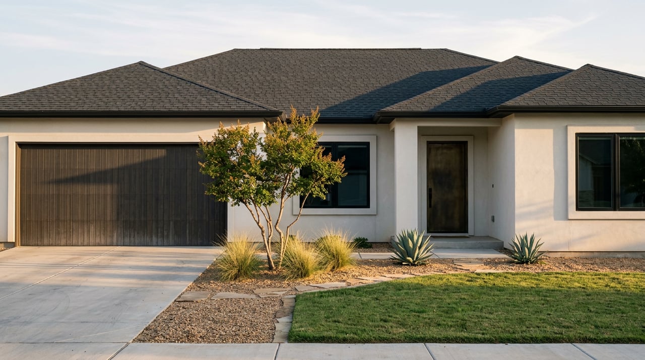 One-story stucco home with a dark paneled garage, recessed entry, and a sculptural tree in the front bed.