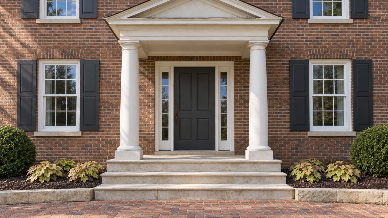 Brick home entry with cream pediment, paired white columns, charcoal door and limestone steps in afternoon sunlight.