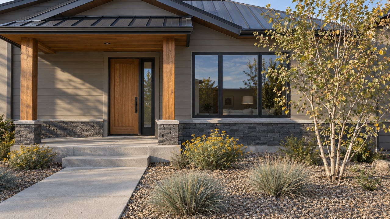 Timber-covered entry of a contemporary home with basalt accents, a concrete approach and autumn dry-climate planting.