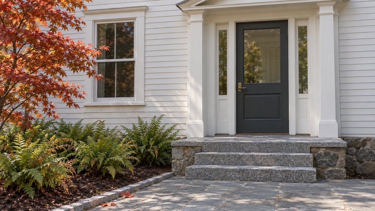 White clapboard home entrance with a charcoal door, granite steps, a flagstone walk, and red-orange maple leaves.