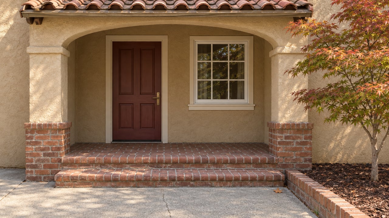 A covered stucco entry with clay roof tiles, an oxblood door, brick steps and a small maple beside the approach.