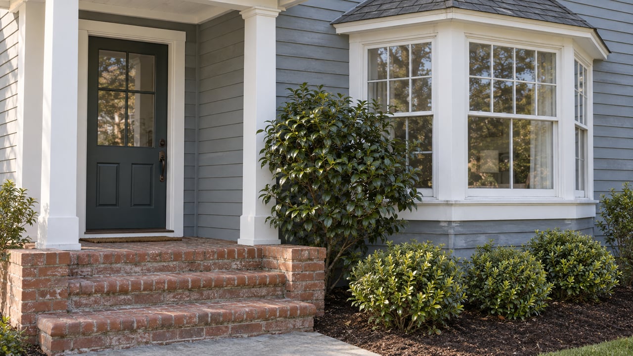 Blue-gray clapboard cottage entry beside a white-trimmed bay window, with worn brick steps and glossy camellia foliage.