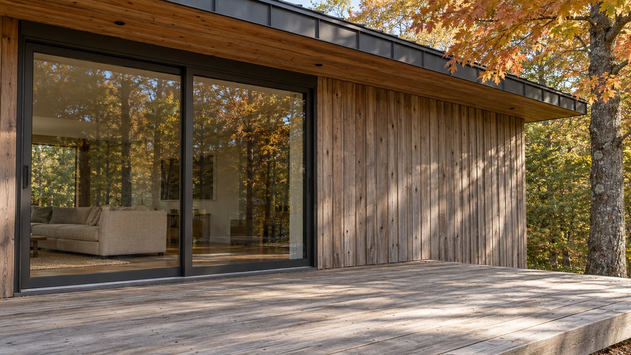 Weathered cedar deck and siding beside closed bronze-framed glass doors, beneath a deep timber roof overhang and amber maple leaves.