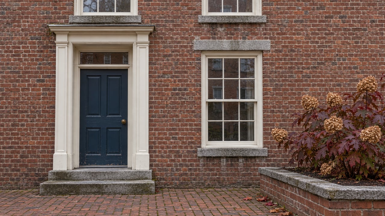 A weathered red brick home entrance with a blue timber door, granite steps, white sash windows and burgundy oakleaf hydrangea.