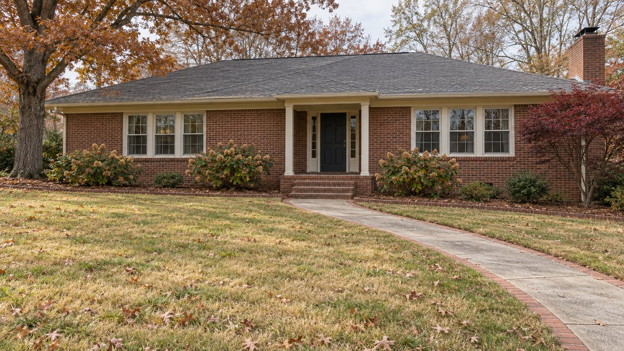 A long red-brown brick home behind a gently sloping autumn lawn, with cream-framed windows, a covered central entry and mature hardwood trees.