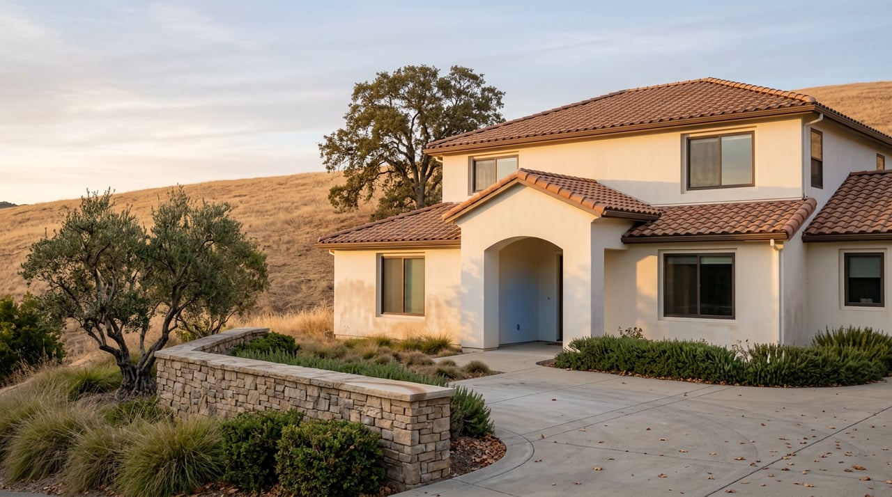 Two-story stucco home with a clay tile roof, curved motor court, and stone wall before a golden grassland hillside.