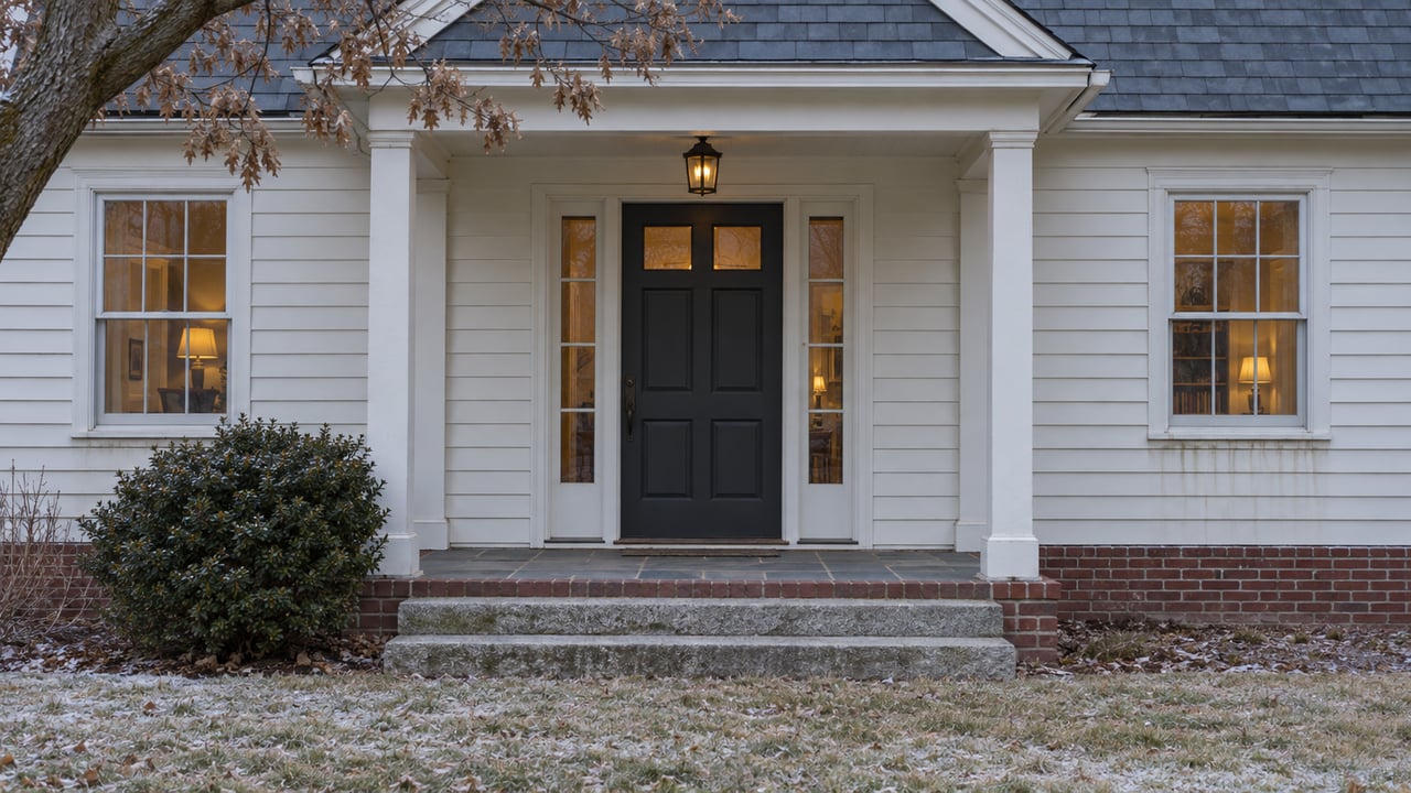 Warm-white clapboard entrance with a dark glazed door, granite steps, brick foundation, and frost-dusted lawn.