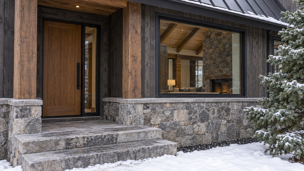 Mountain townhome entry with a timber door, black-framed window, stone steps, and snow-dusted spruce.