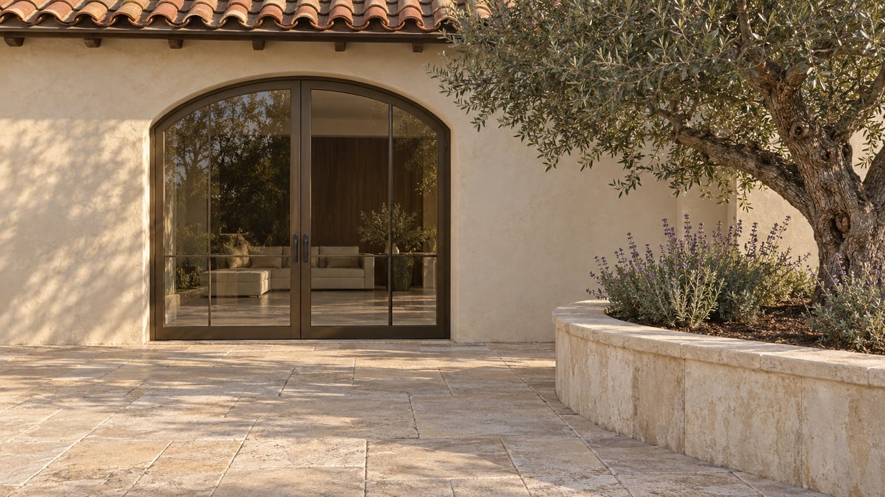 Warm stucco home with terracotta roof tiles, closed arched glass doors and a limestone terrace beside a raised olive-tree planter.