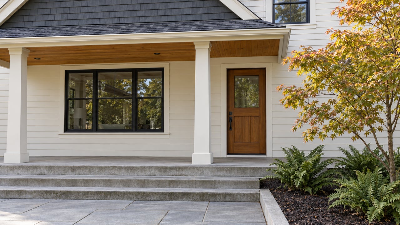 Cream lap-sided home with a sheltered timber-ceiling porch, fir entry door, concrete steps, and autumn vine maple beside sword ferns.