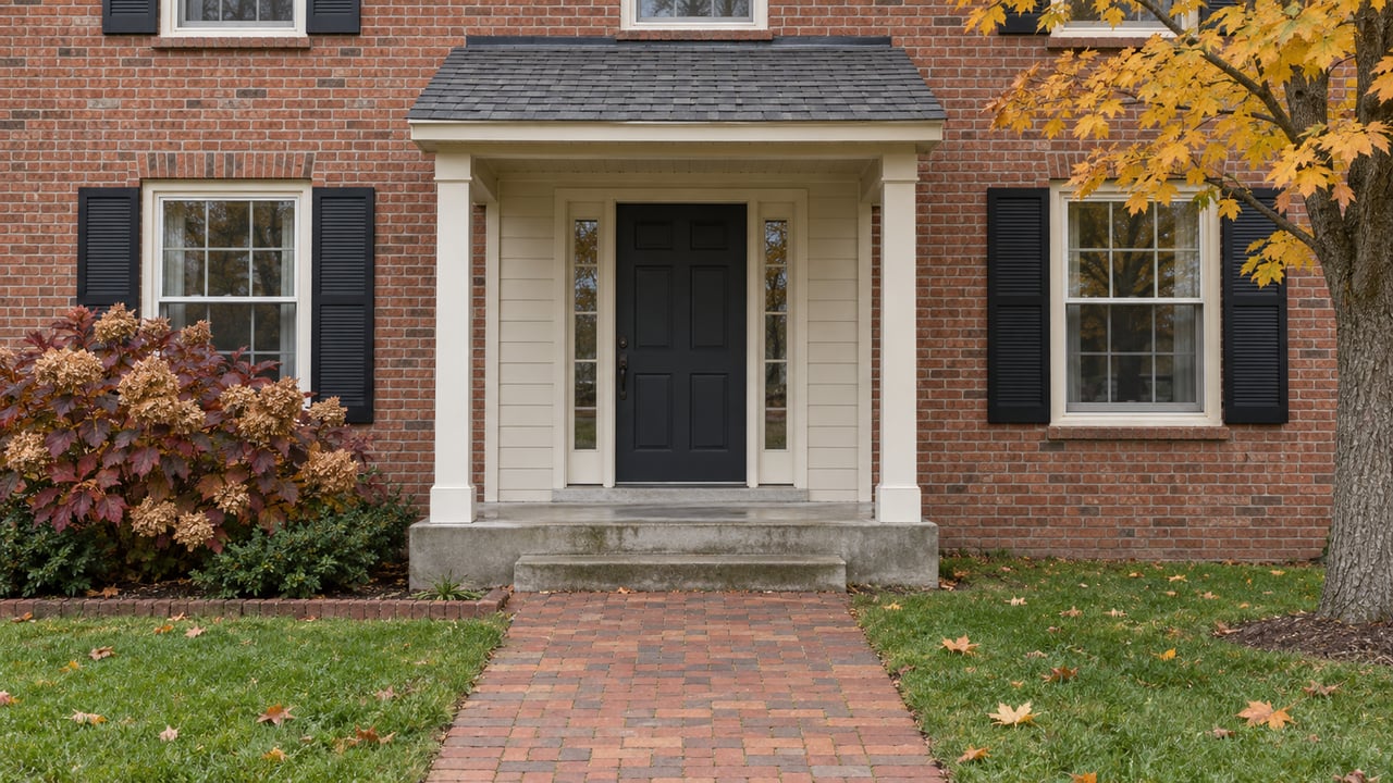 Red-brick home with a covered charcoal entry, paired windows, a clay-brick approach and gold maple leaves.