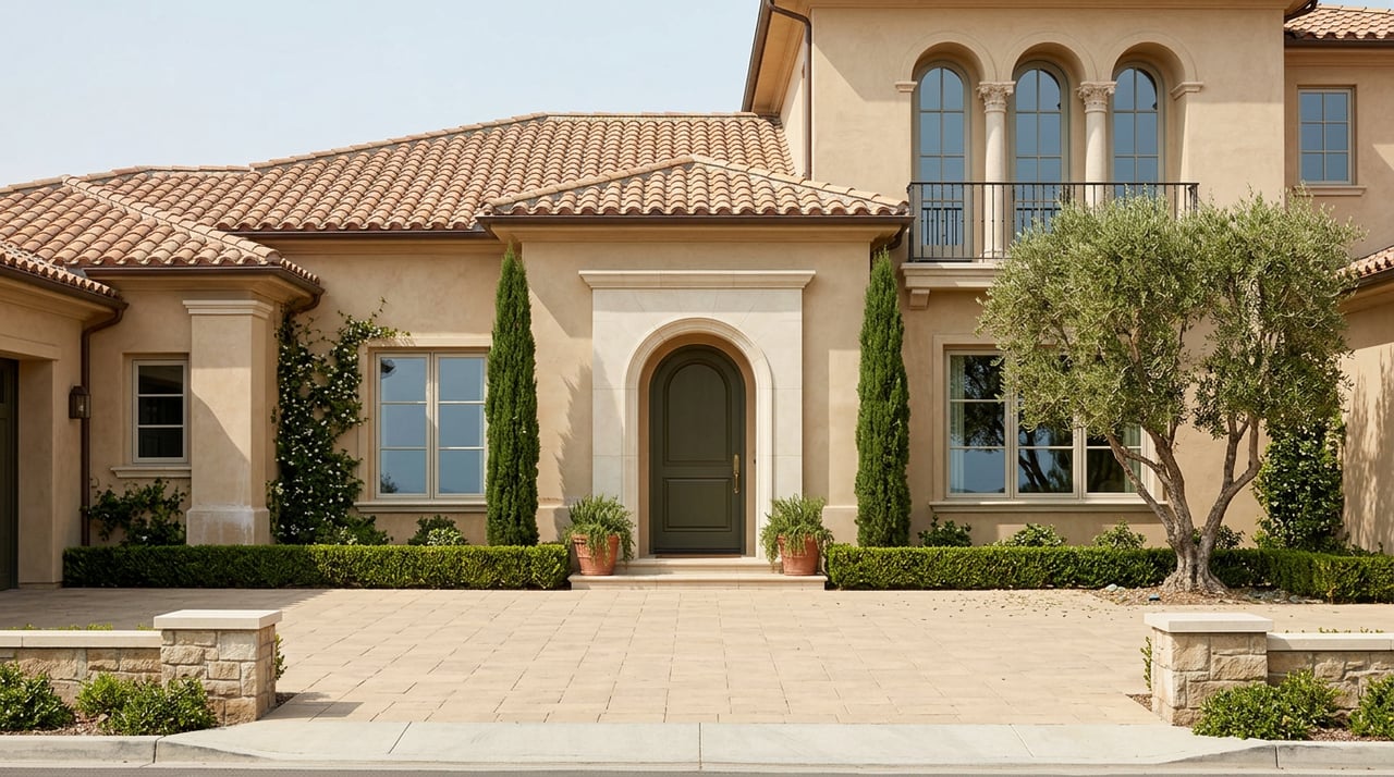 Mediterranean estate entry with an arched doorway, terracotta roof, cypress trees, olive tree, and paved motor court.