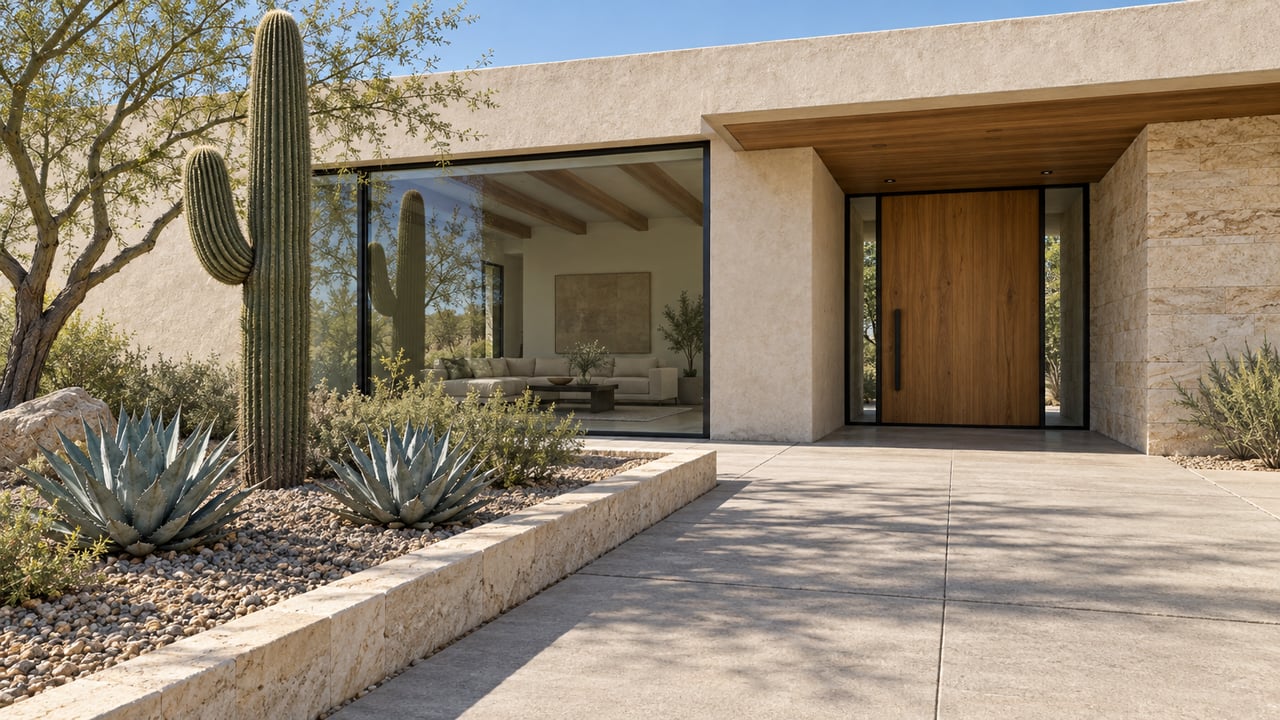 Low stucco home with a wood-lined overhang, glazed living room and timber entry beside sculptural desert planting and a broad concrete approach.