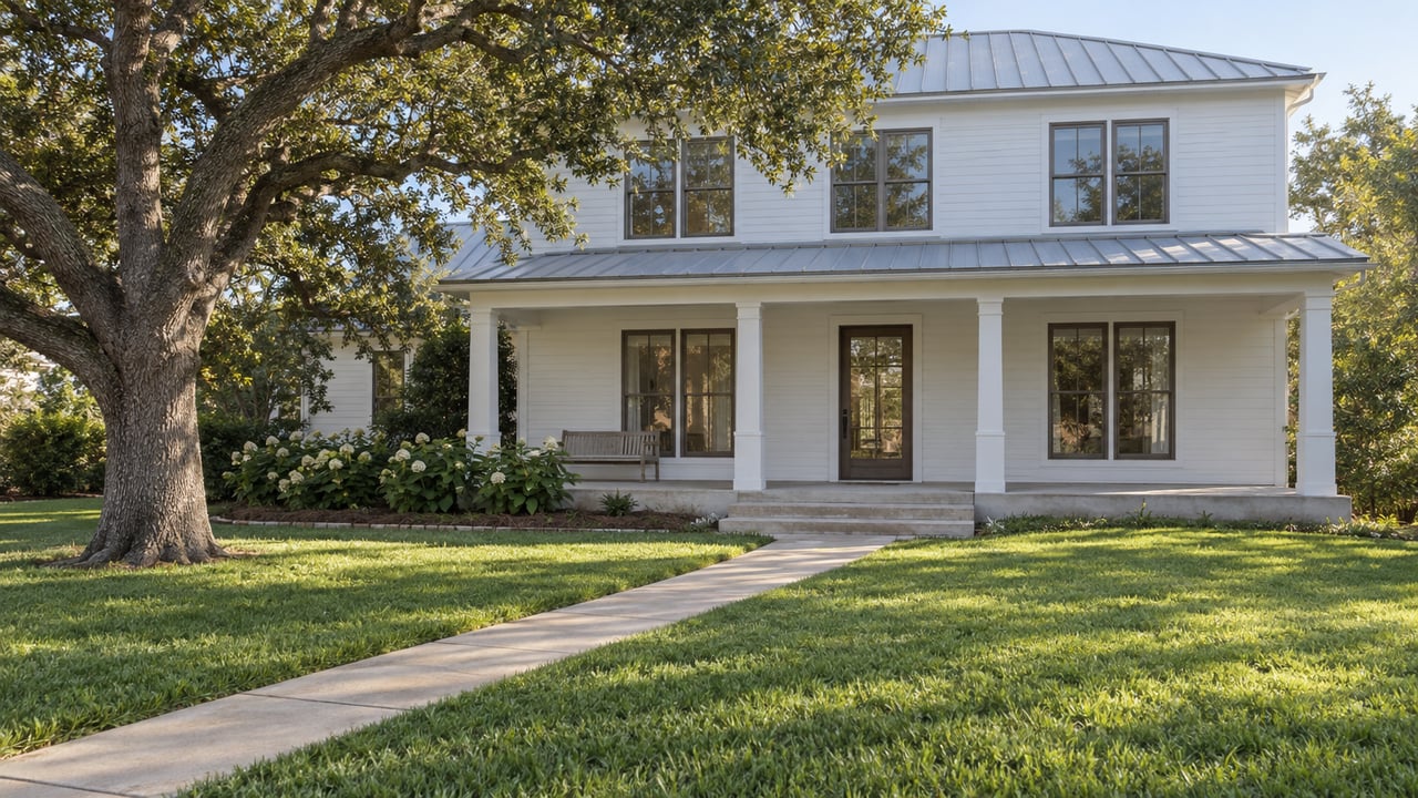White-sided two-story home with a metal roof, covered porch and deep lawn shaded by a spreading live oak.