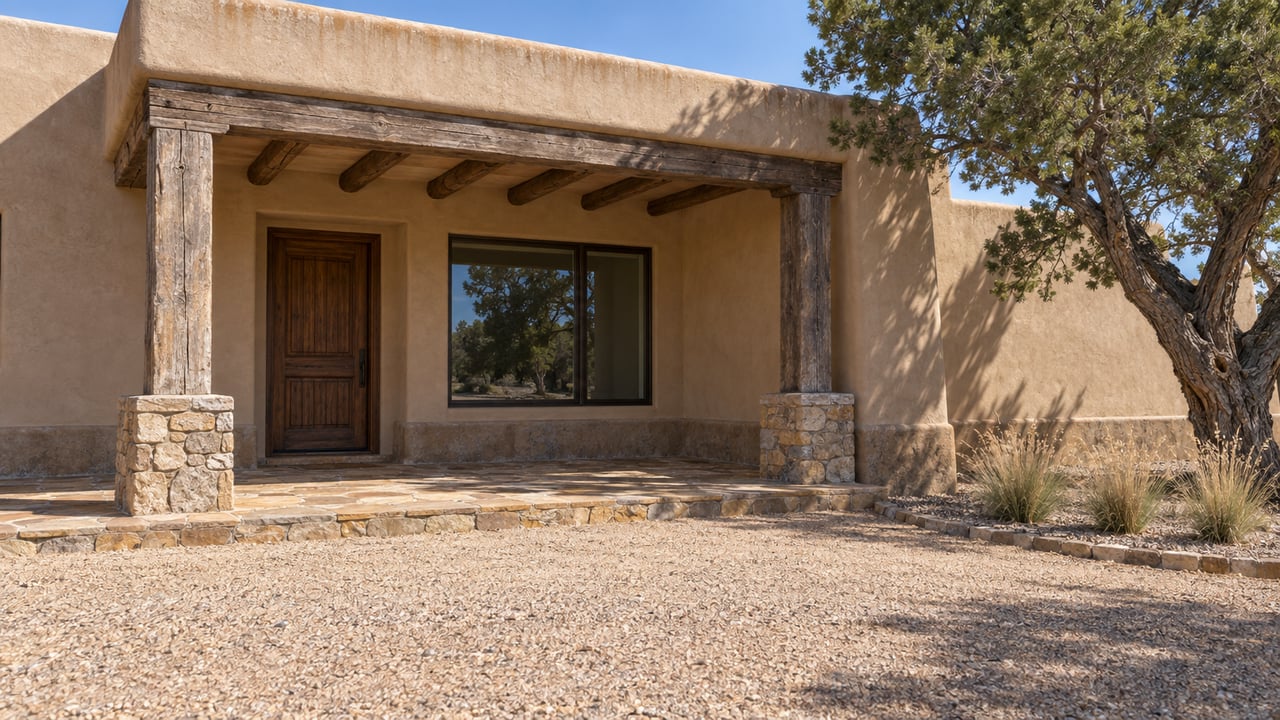 A textured stucco home with a weathered timber portal, stone approach, mature pinyon pine and tawny blue grama in a broad gravel forecourt.