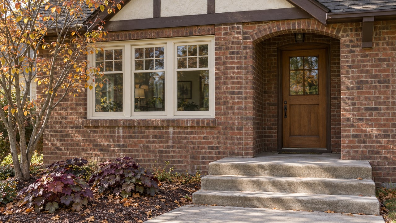 Autumn light on a brick cottage's oak entry, divided-pane window, and worn concrete steps beside copper-yellow serviceberry leaves.