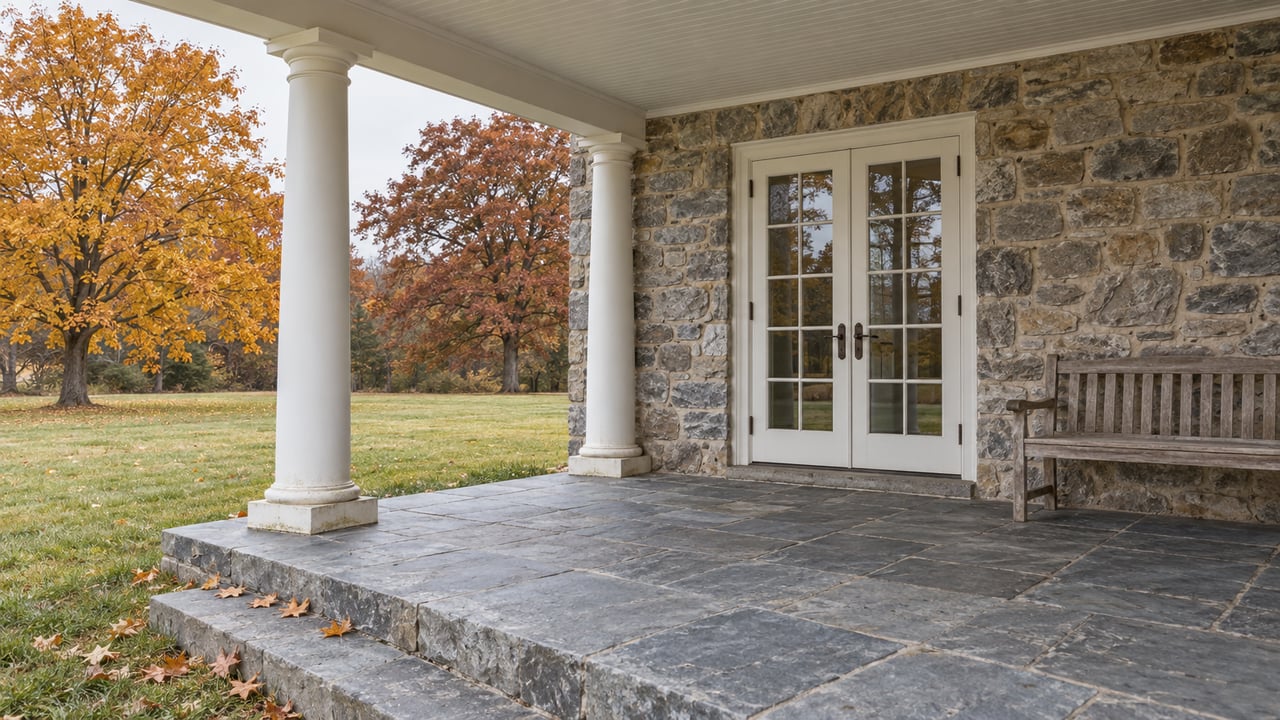 White-columned veranda with gray fieldstone walls, closed French doors and bluestone steps overlooking an autumn lawn.