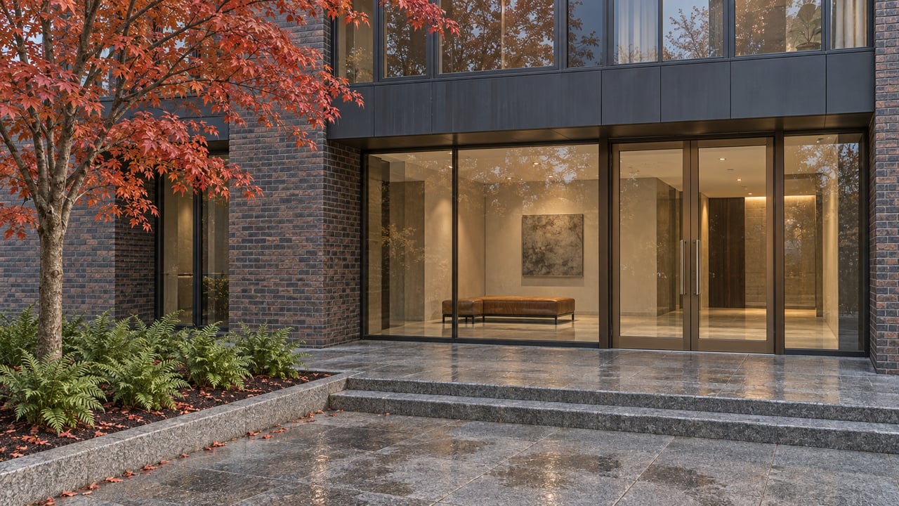 Contemporary residential entrance with bronze-framed glass doors, dark brick, granite steps, and a red-leaved maple beside a planted terrace.