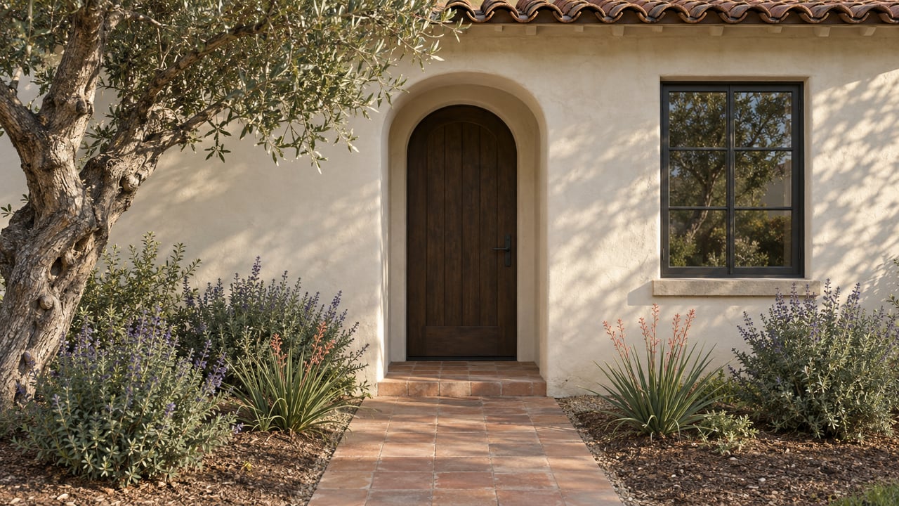 Ivory stucco Spanish revival home with an arched timber door, terracotta walk, olive tree, and drought-tolerant plants.