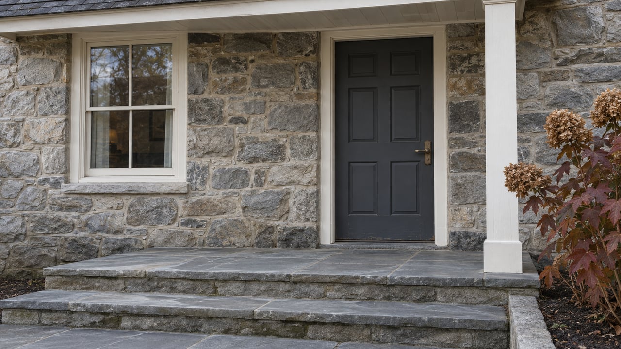 Fieldstone house entry with a charcoal timber door, cream-trimmed window, and weathered bluestone steps beside oakleaf hydrangea.