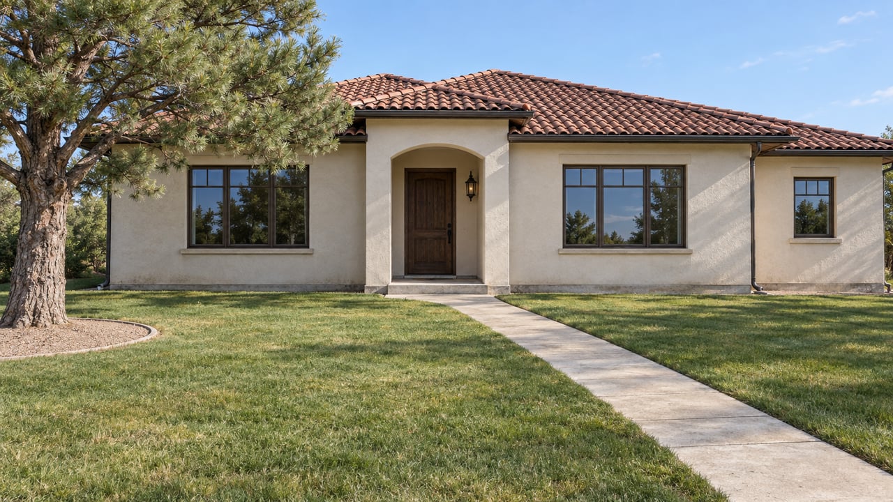 A single-story white stucco house with a russet tile roof, recessed arched entrance, broad lawn and one gray-green pine.