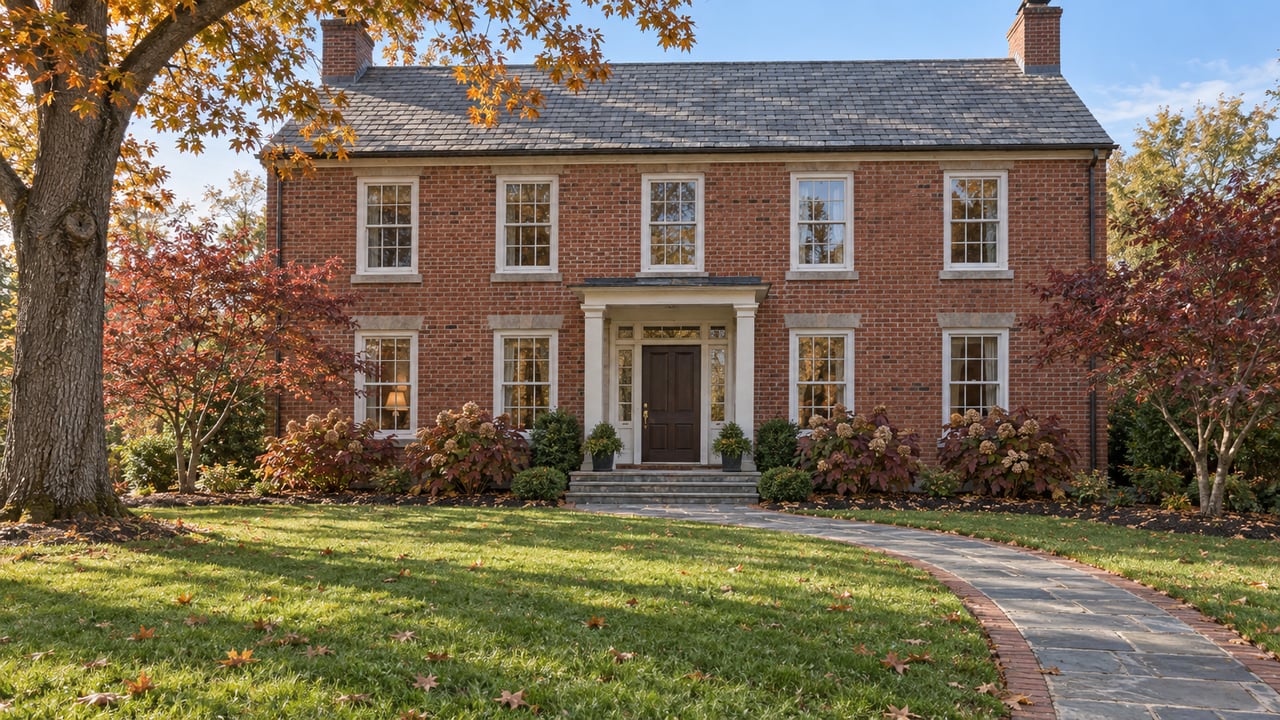 Red brick house with a slate roof, stone entry steps and a deep autumn lawn framed by mature trees.
