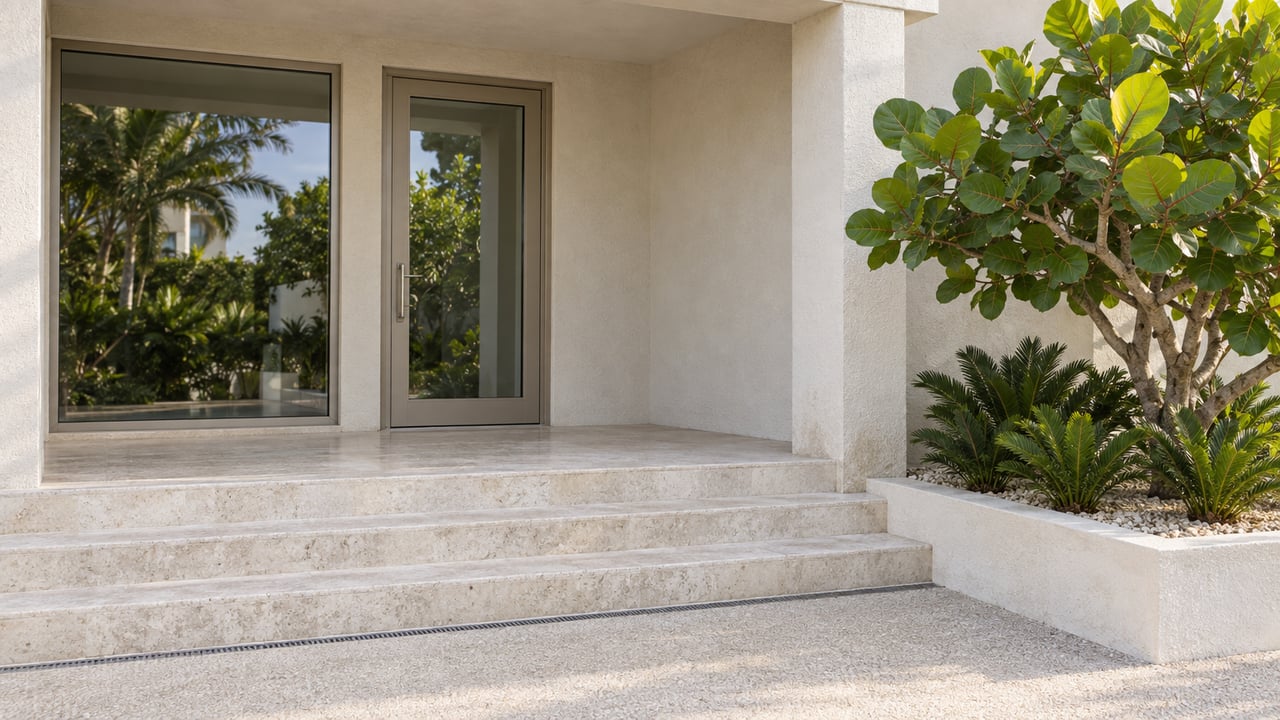 A pale stucco home's sheltered glass entry above limestone steps, beside a sculptural sea grape tree and coontie planting.
