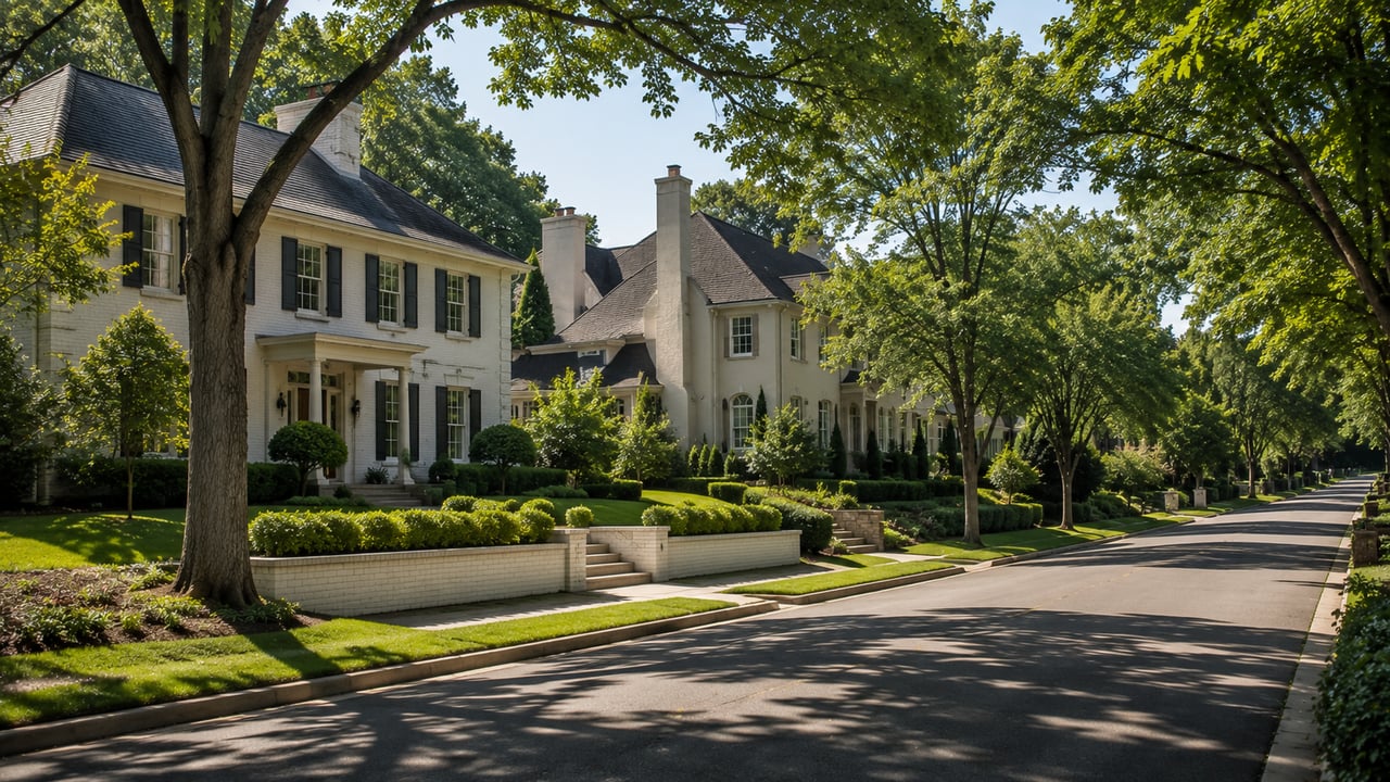 Elegant luxury homes along a peaceful tree-lined street in Belle Meade Highlands, Nashville, featuring mature landscaping, classic architecture, and spacious residential properties.