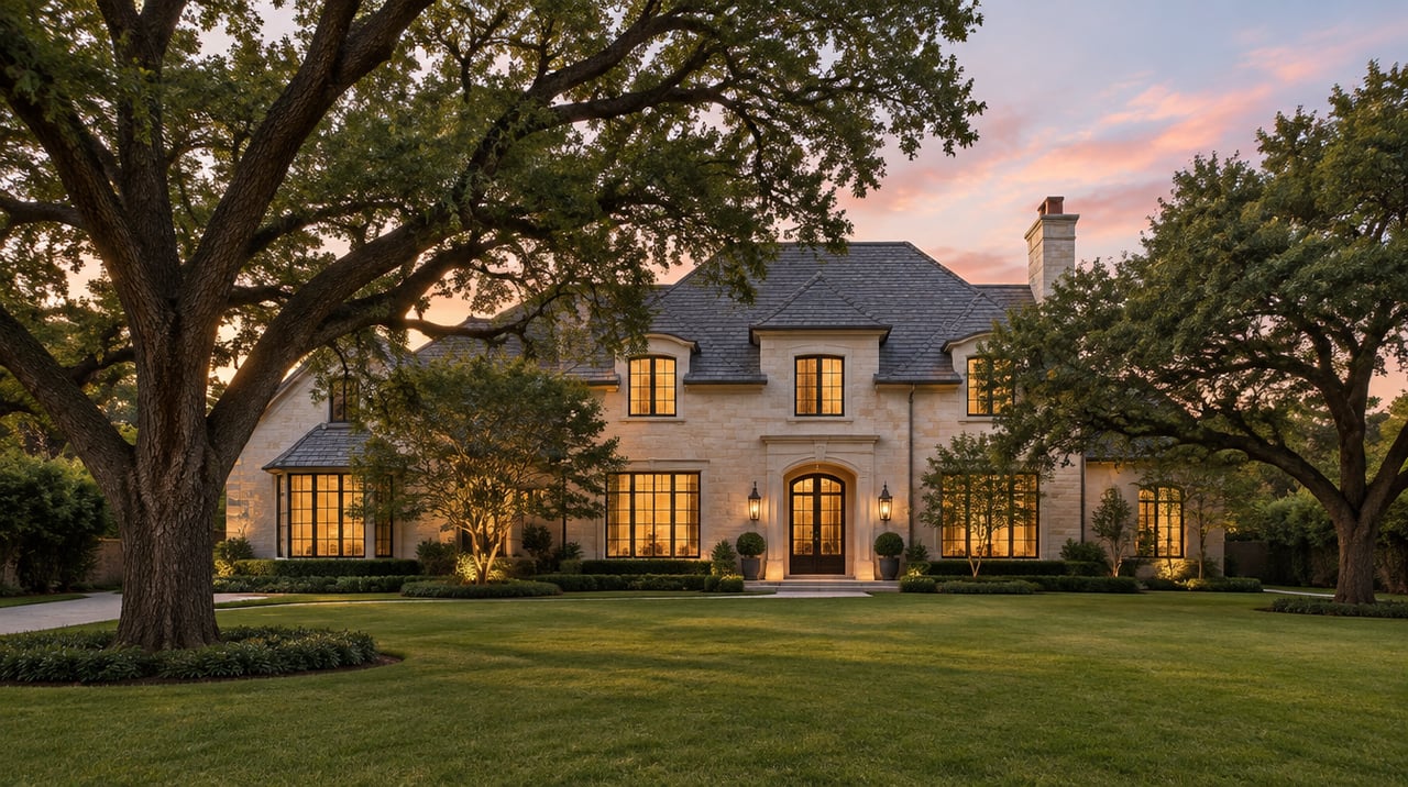 Selling your Dallas home: a limestone Preston Hollow home at dusk - The Agency Dallas