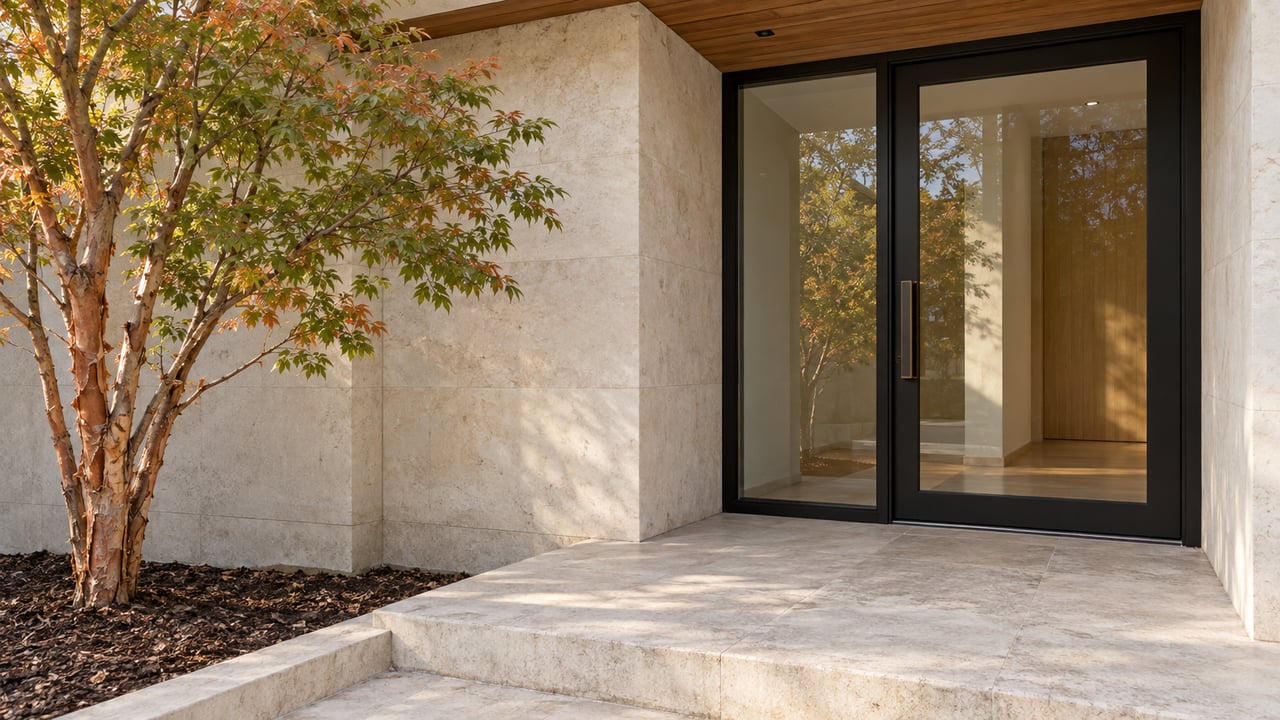Recessed residential entrance with limestone walls, cedar soffit, black-framed glass door and a paperbark maple beside a raised stone terrace.