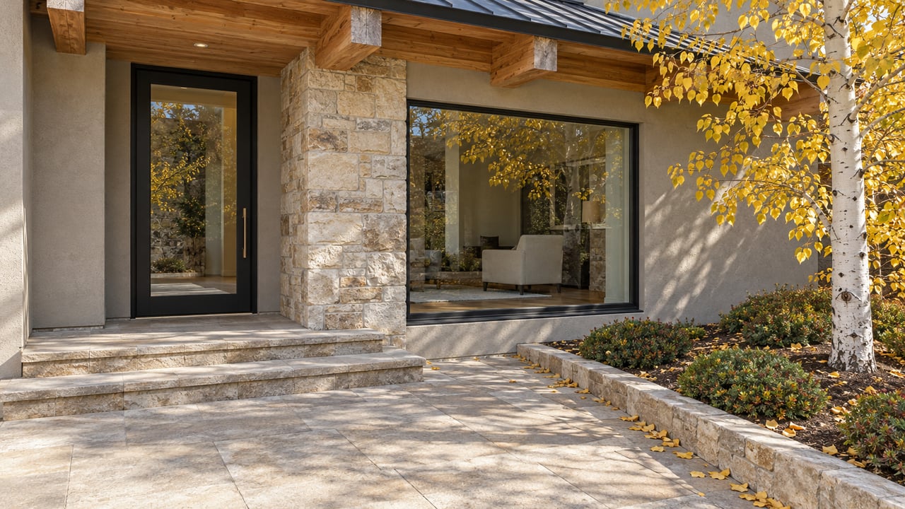 Autumn sunlight on a stone entry terrace, timber overhang, and glazed entrance beside a white-trunked aspen.