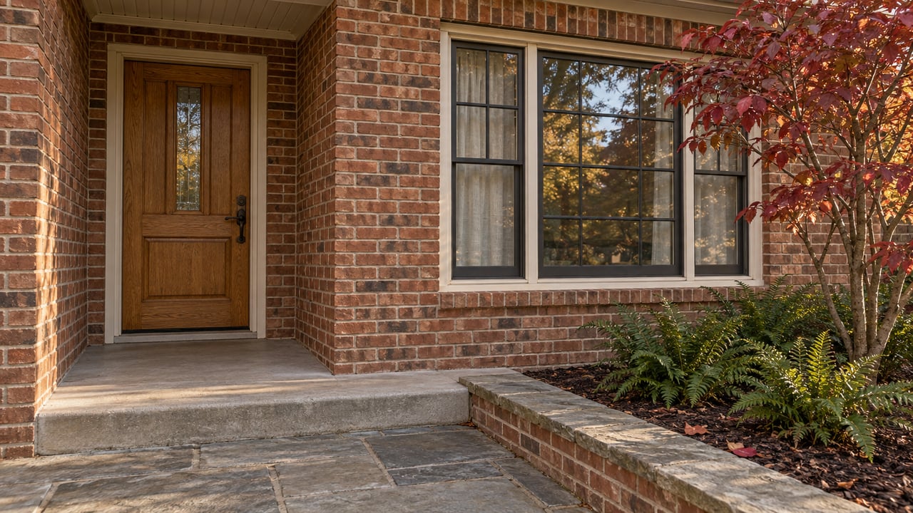 Warm afternoon light on a red-brick home's oak front door, cream-trimmed window and stone approach beside autumn dogwood foliage.