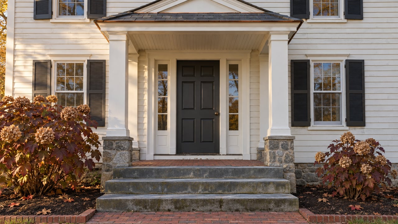 Sunlit clapboard house entrance with a charcoal door, paired porch columns, worn bluestone steps and burgundy oakleaf hydrangeas.