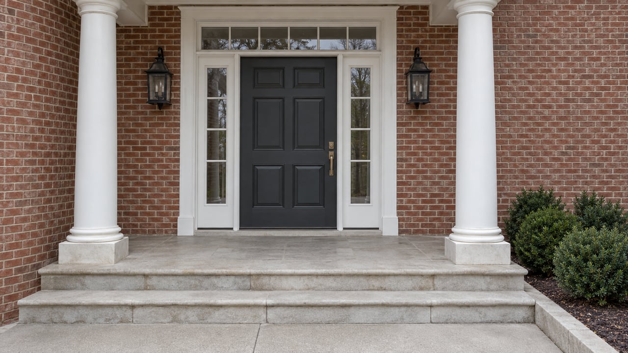 A brick home's sheltered entry with white round columns, a charcoal paneled door, paired sidelights and broad limestone steps.