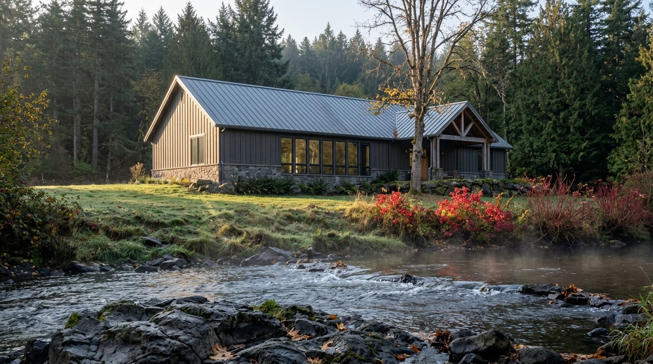 Charcoal-sided riverside home beyond flowing water, framed by scarlet vine maples and dark evergreens.