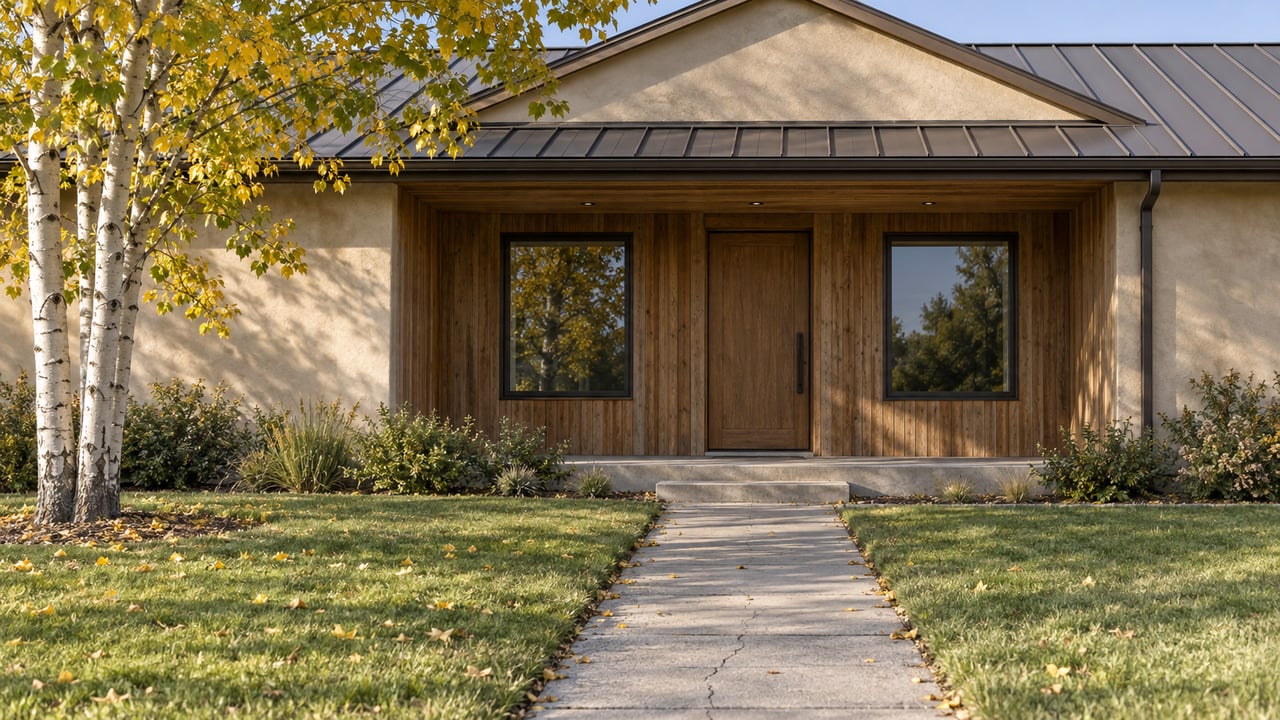 Sand-colored stucco ranch with cedar porch, oak door, and golden leaves along the walkway beneath an aspen.