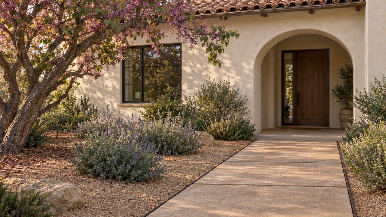 Sand-stucco house with a clay-tile roof, arched entry, slab path, and sculptural redbud tree.