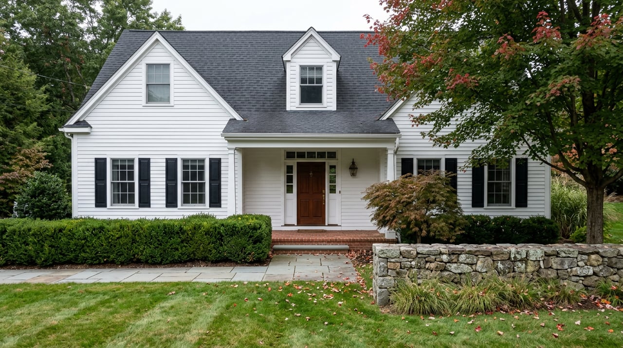 White Colonial farmhouse with black shutters, covered brick porch, stone wall, and early-turning red maple.
