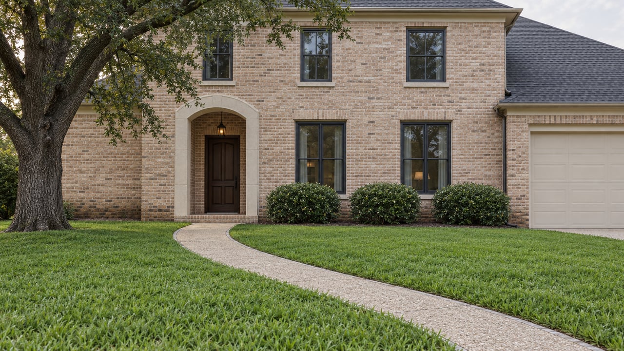 Buff brick two-story home beyond a broad lawn, with a curved walk, arched entrance, and clipped shrubs.