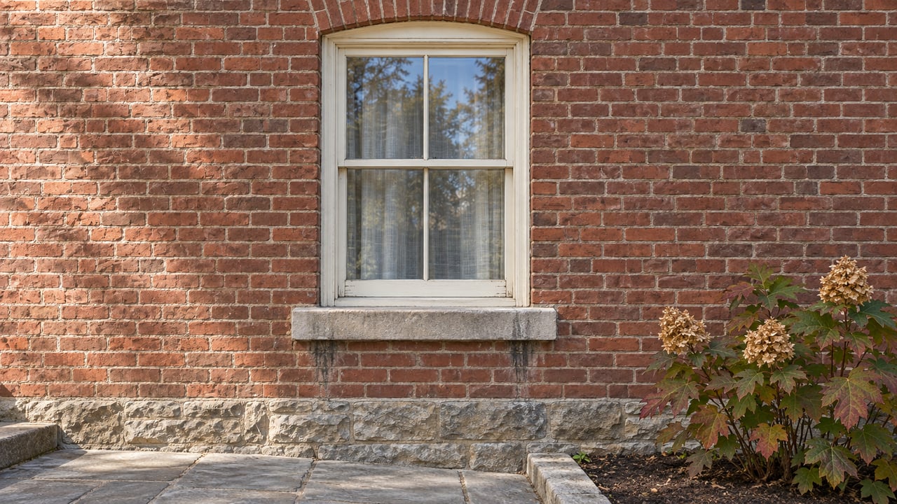 Close view of an ivory sash window in weathered red-brown brick, above a limestone foundation and an oakleaf hydrangea beside a stone approach.