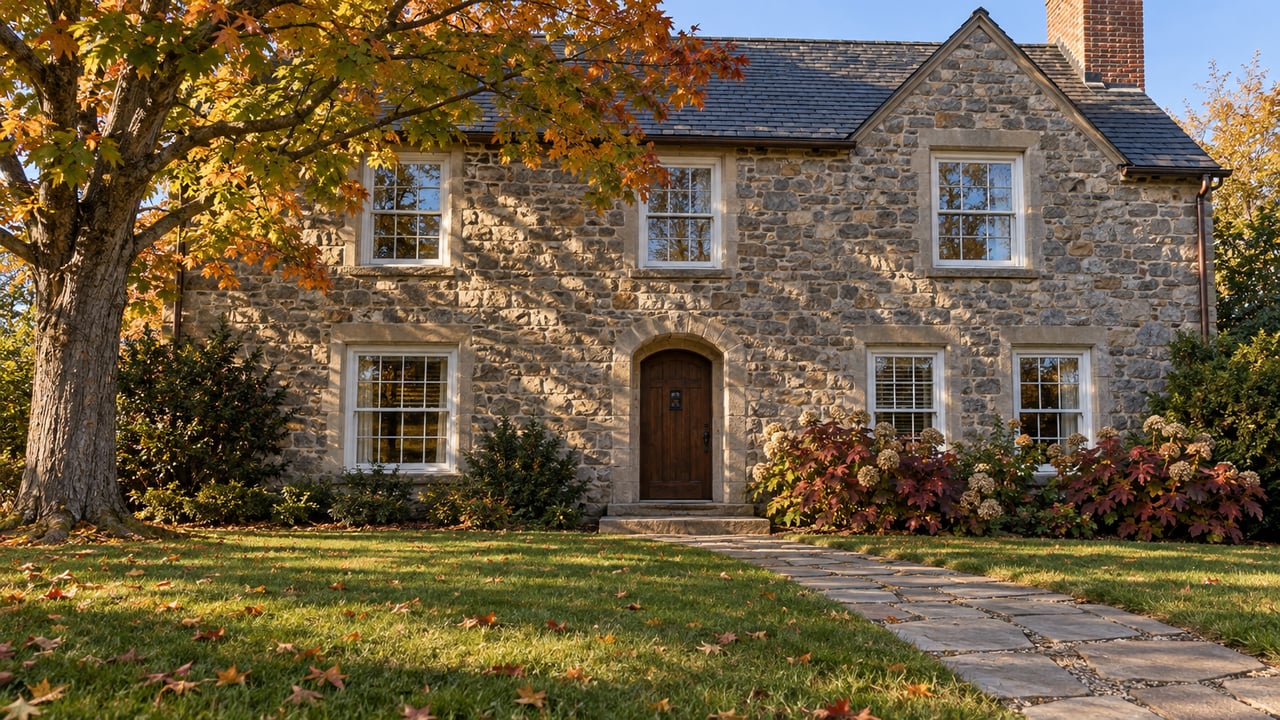 Stone residence with a slate gable, white sash windows and an oak entry beyond a deep autumn lawn and sandstone path.