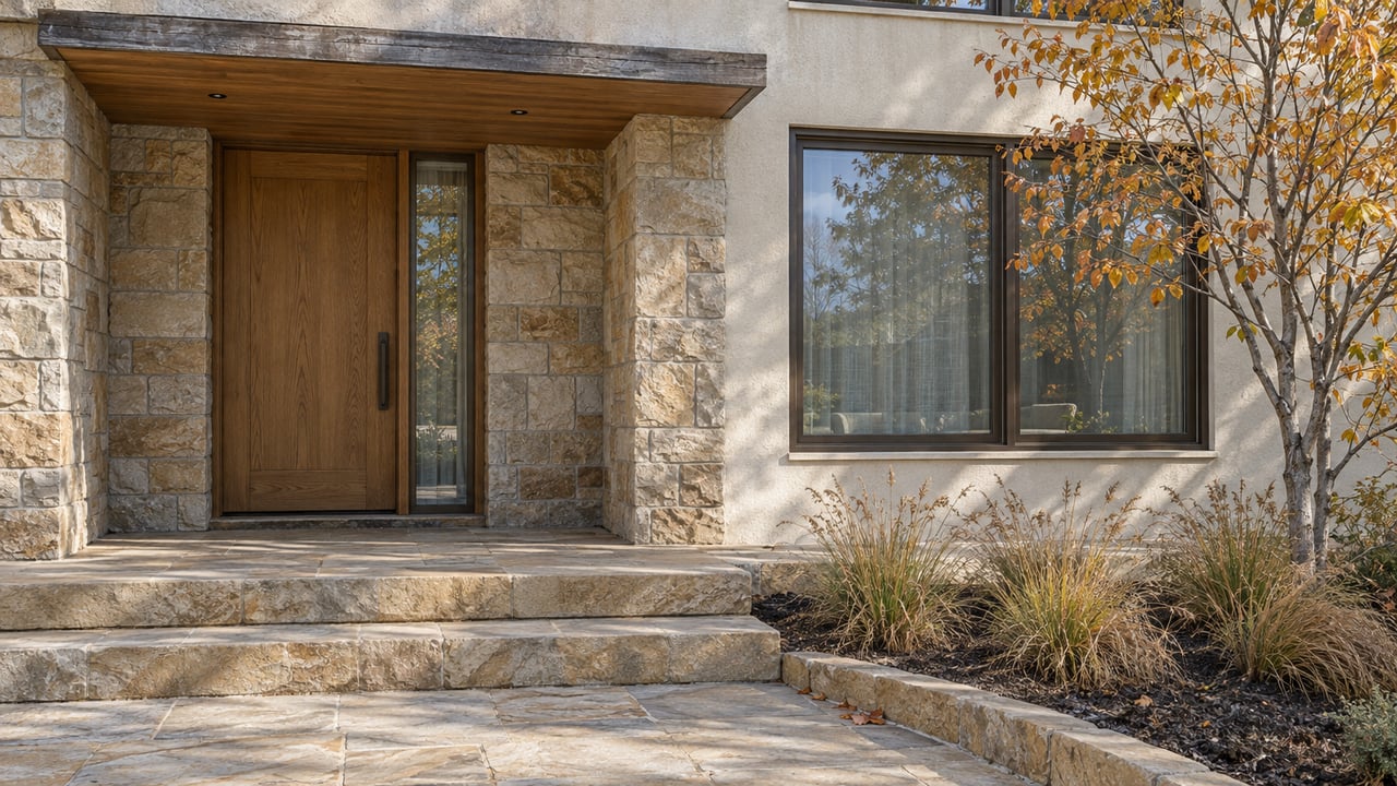 Sunlight on a sandstone and cream-stucco home entrance, with an oak door, bronze-framed window, and autumn serviceberry.
