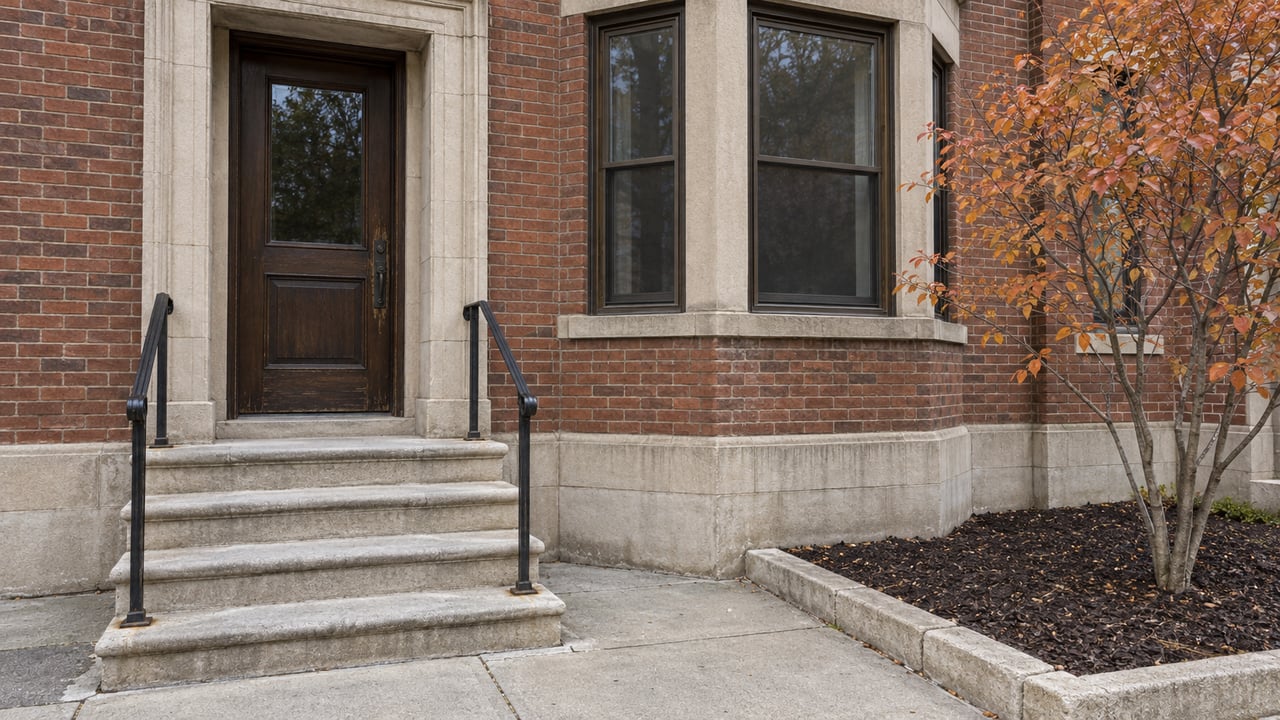 Red-brown brick home with limestone steps, a dark oak entry door, bronze-framed bay windows, and one copper-leaved serviceberry.
