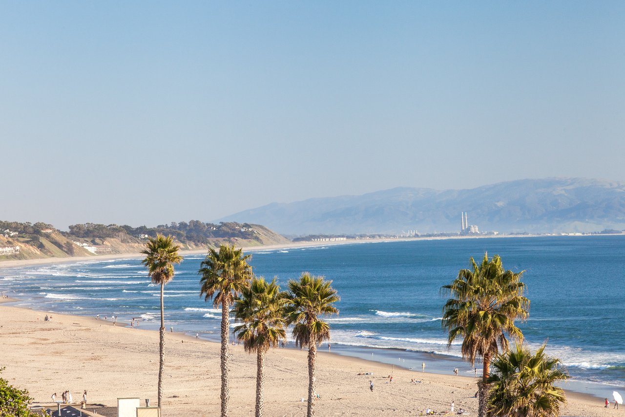 Palm-lined beach with waves breaking along the shore and distant hills across the water.